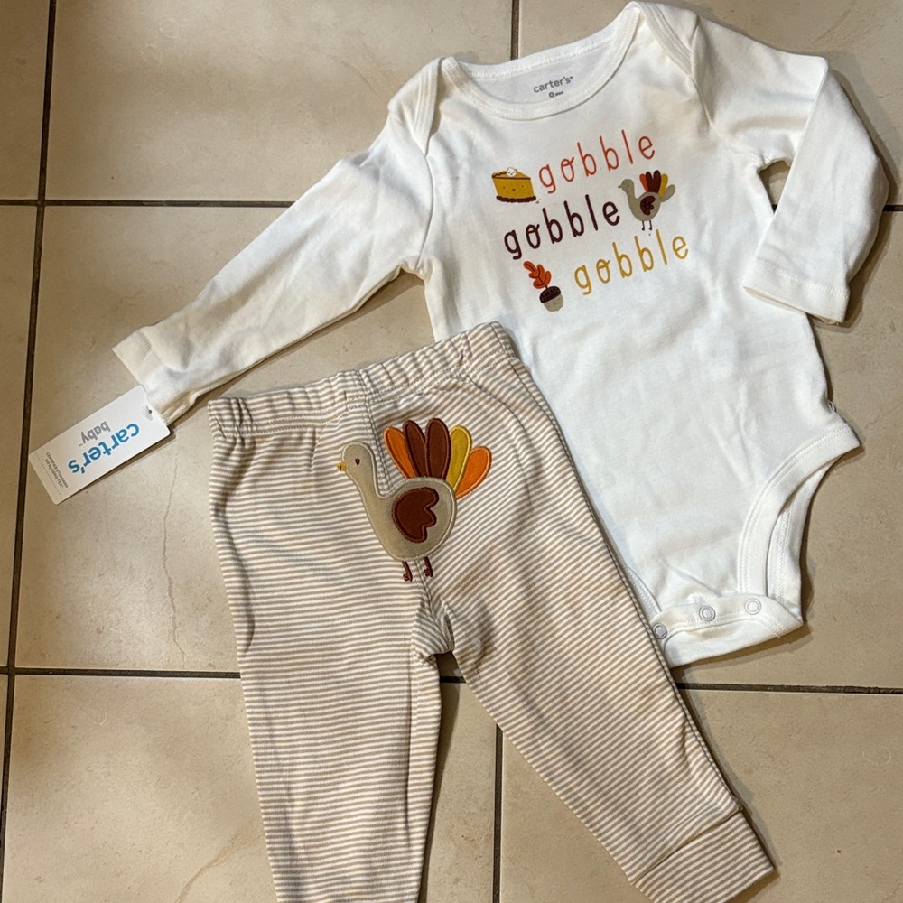 NWT Carter's Cream and Brown Gobble Bodysuit Set